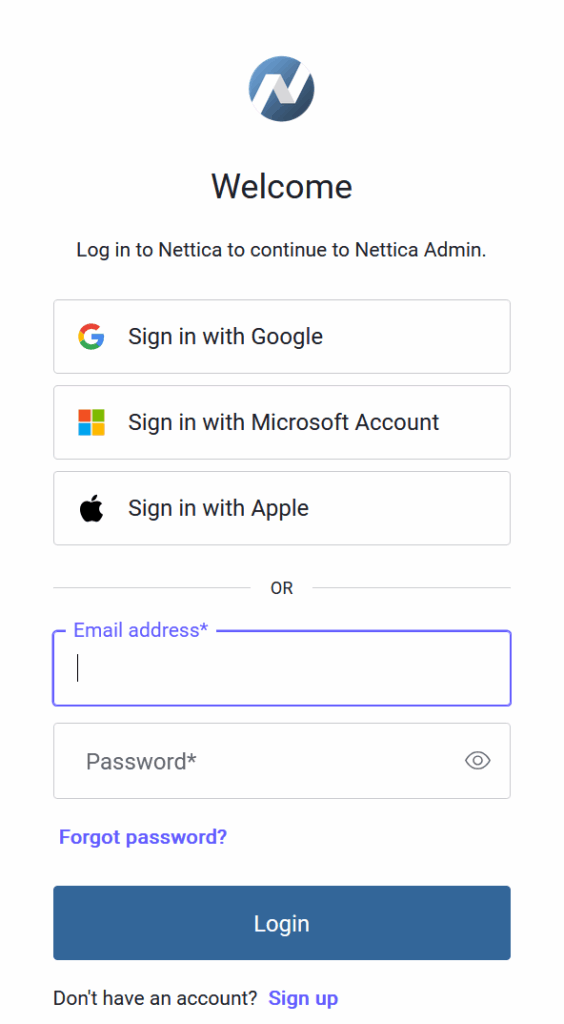 A screenshot of the Nettica VPN login screen. It lists Google, Microsoft, and Apple as authentication choices, and has a block for Basic authentication as well.